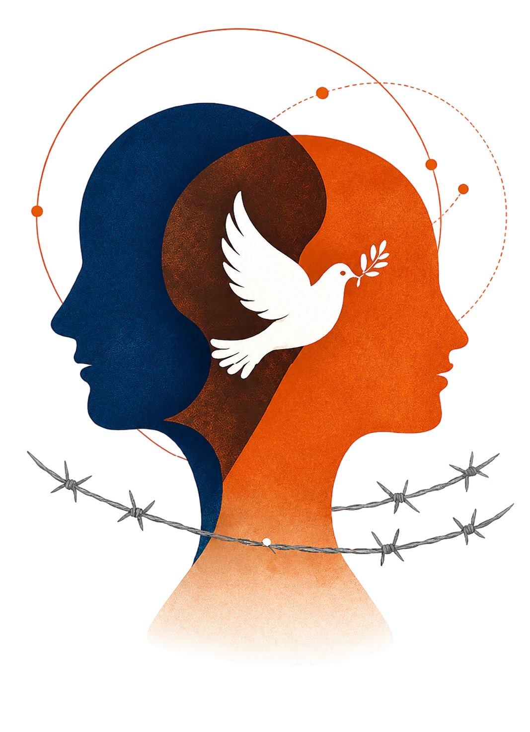 Two profiles, barbed wire, and a dove symbolizing conflict and peace